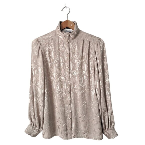 Vintage Susan Van Heusen Silky Jacquard Blouse High Neck Ruffled Arm Silky 80s - Picture 3 of 13